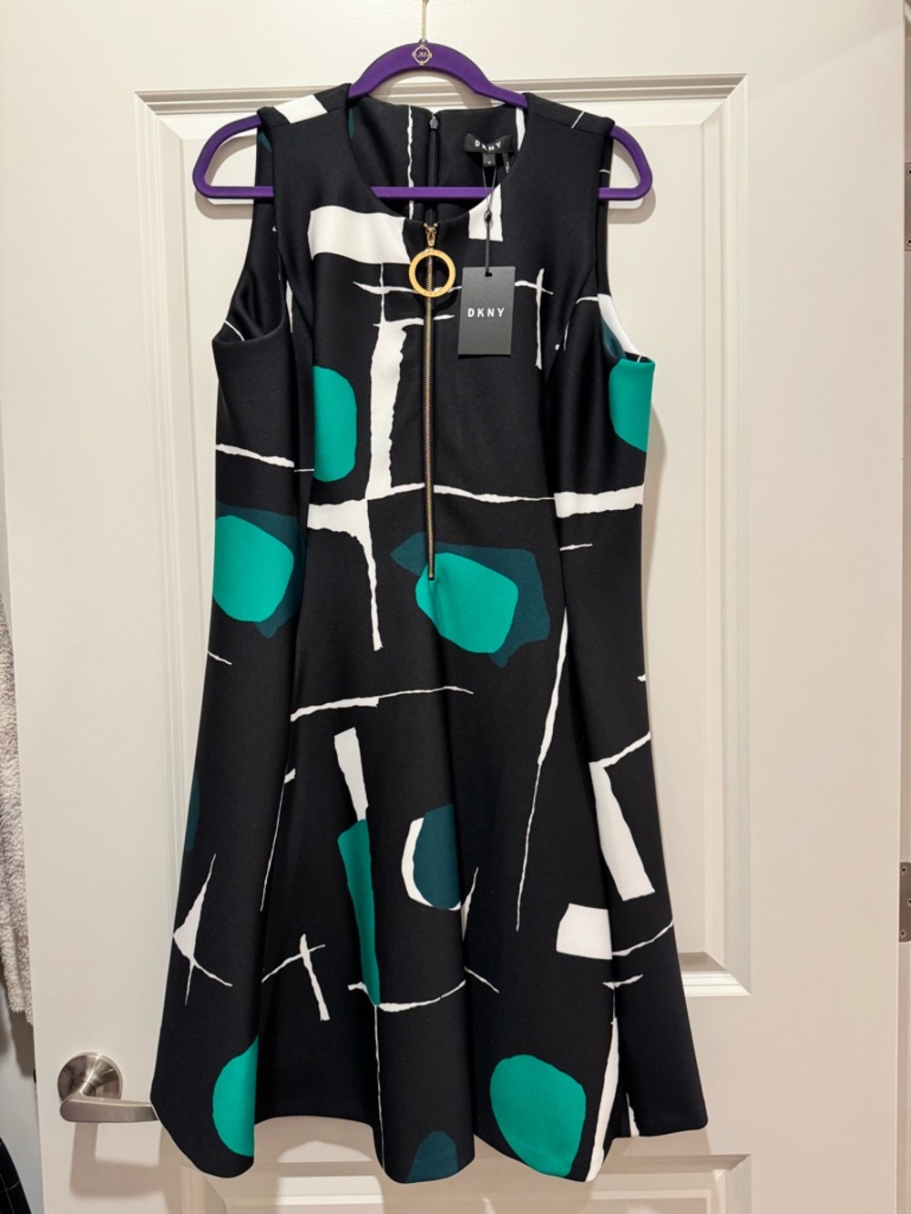 DKNY Black & Teal Abstract Sleeveless Fit-and-Flare Dress